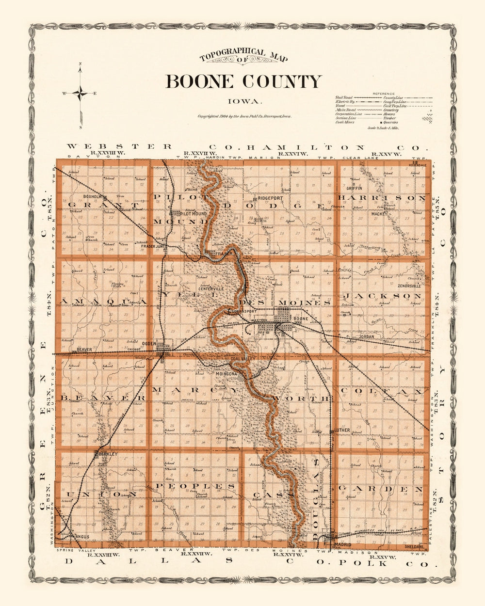 Vintage Map of Boone County, Oklahoma 1904 print style example
