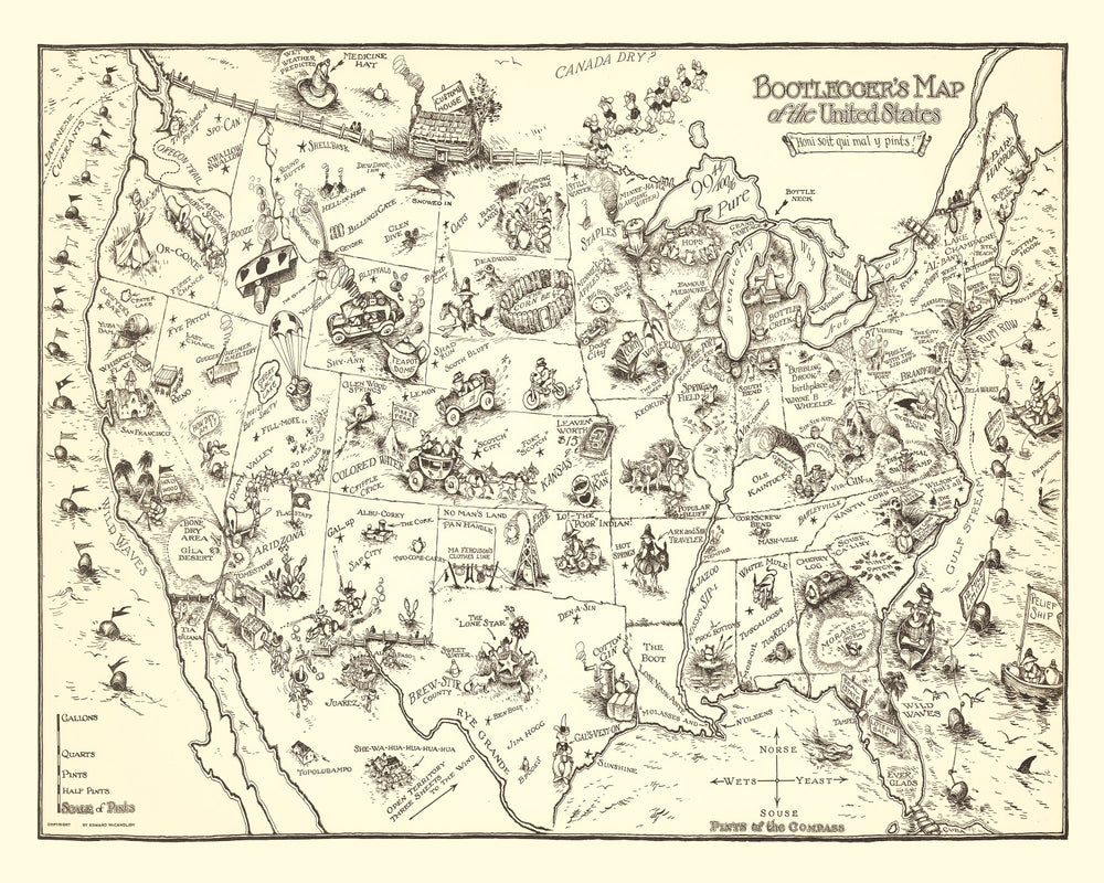 Vintage Bootlegger's Map of the United States 1926 print style example