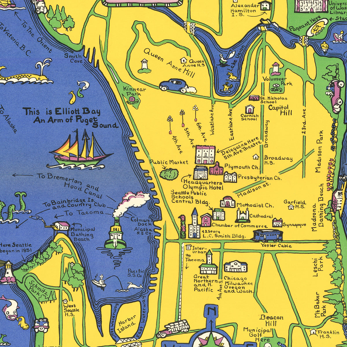 Restored historic details from the 1927 city map of Seattle, Washington