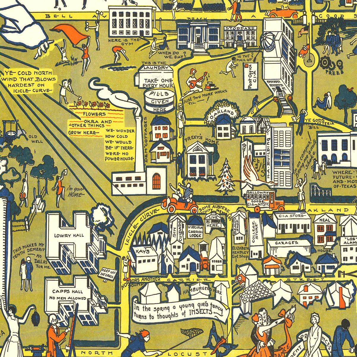 Restored historic details from the 1928 university map of Denton, Texas