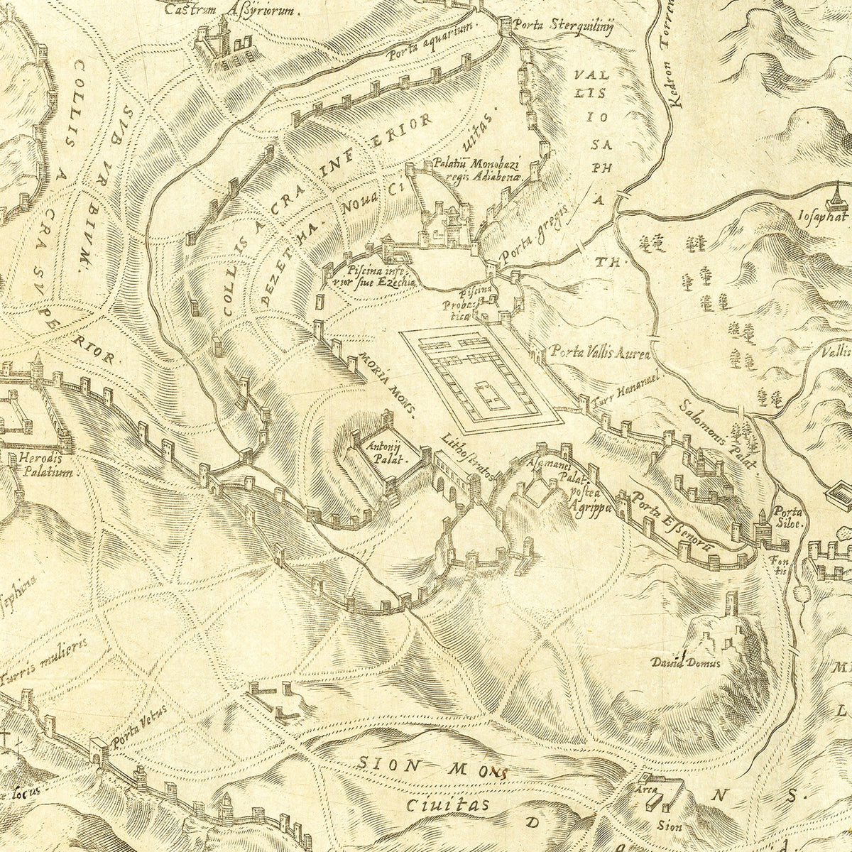 Restored historic details from the 1572 city map of Jerusalem