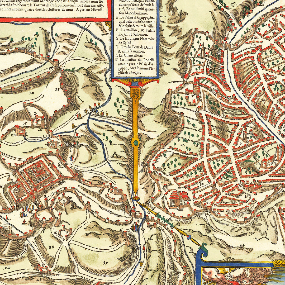Restored historic details from the 1575 city map of Jerusalem