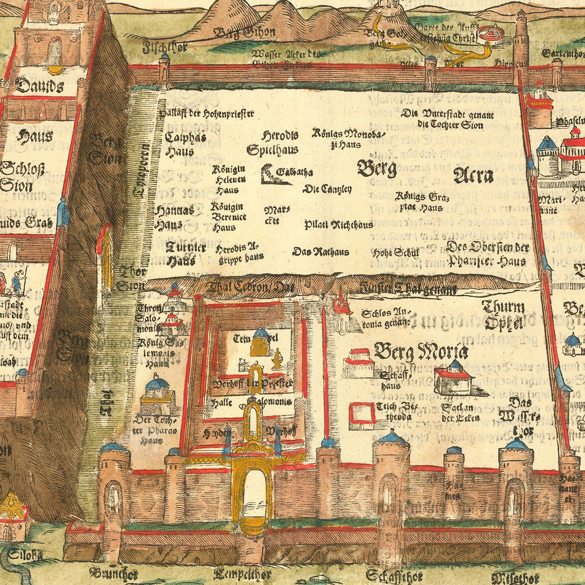 Restored historic details from the 1581 city map of Jerusalem