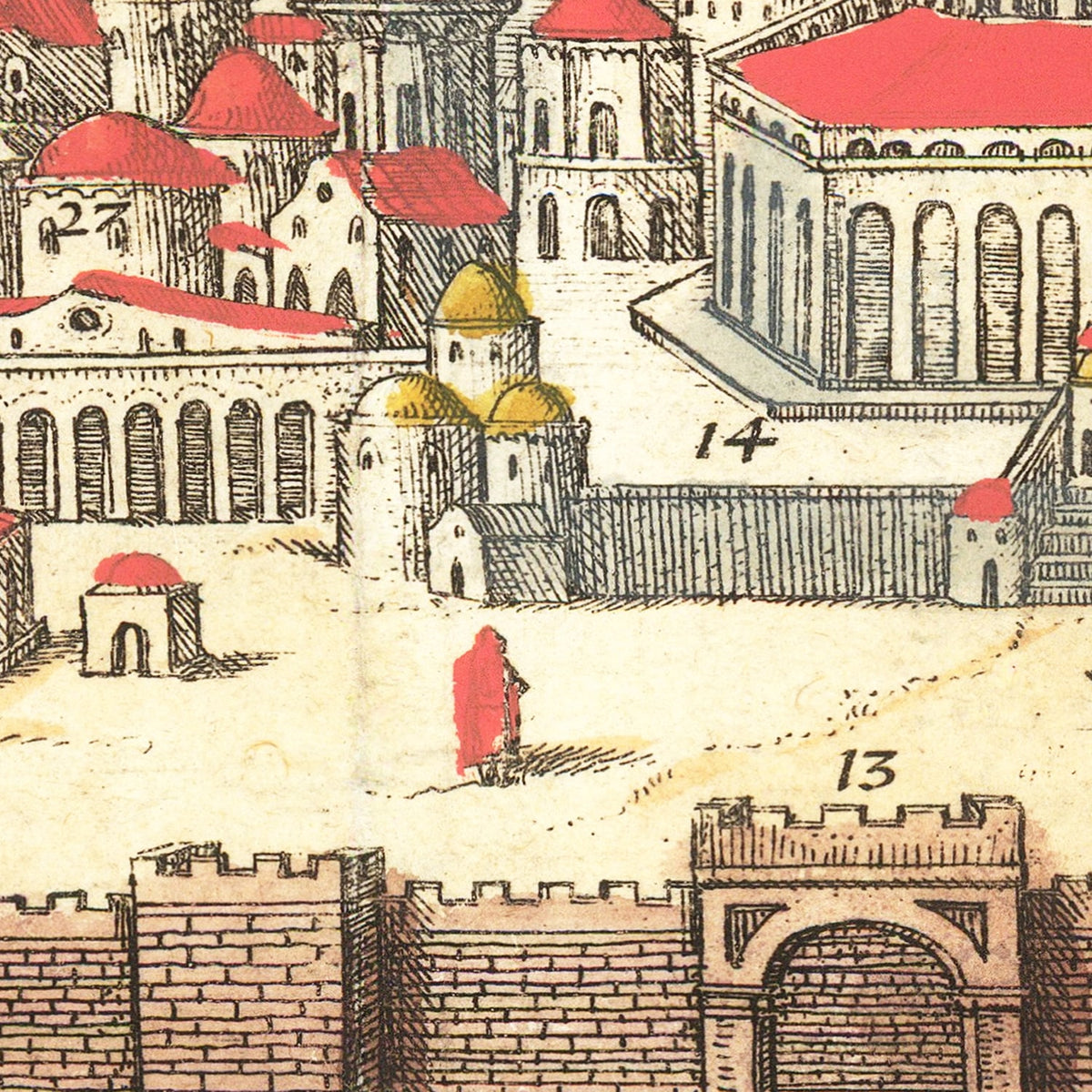Restored historic details from the 1582 city map of Jerusalem