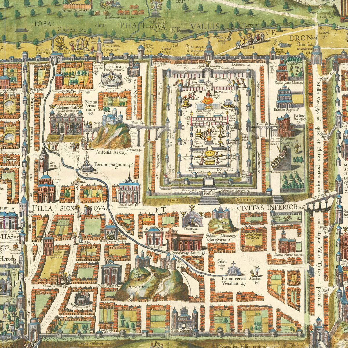 Restored historic details from the 1584 city map of Jerusalem