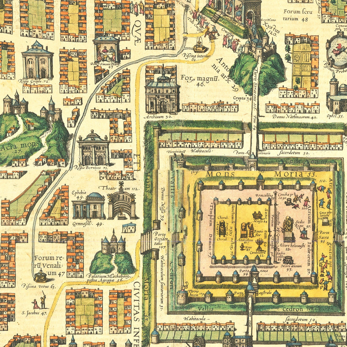 Restored historic details from the 1588 city map of Jerusalem