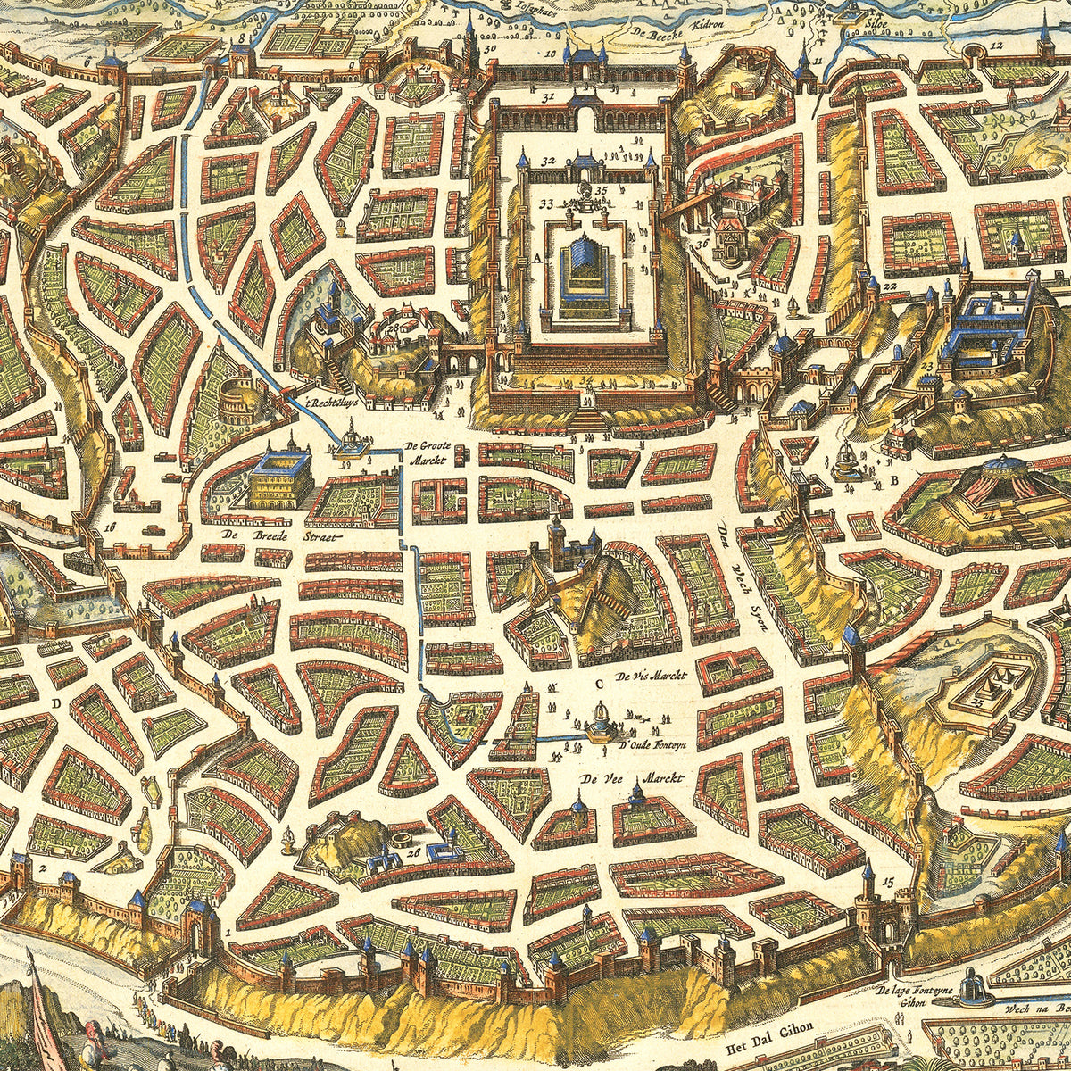 Restored historic details from the 1648 city map of Jerusalem
