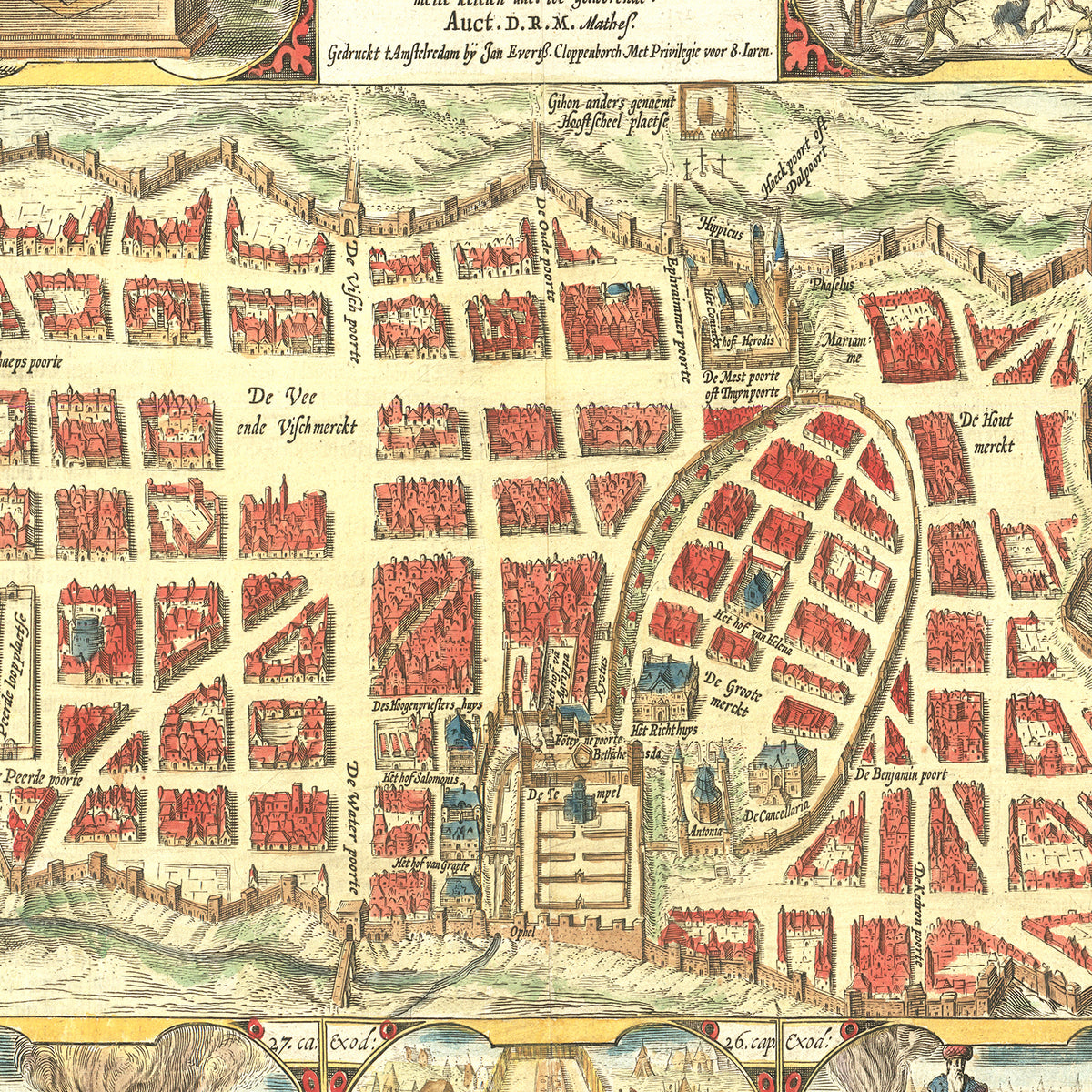 Restored historic details from the 1643 city map of Jerusalem