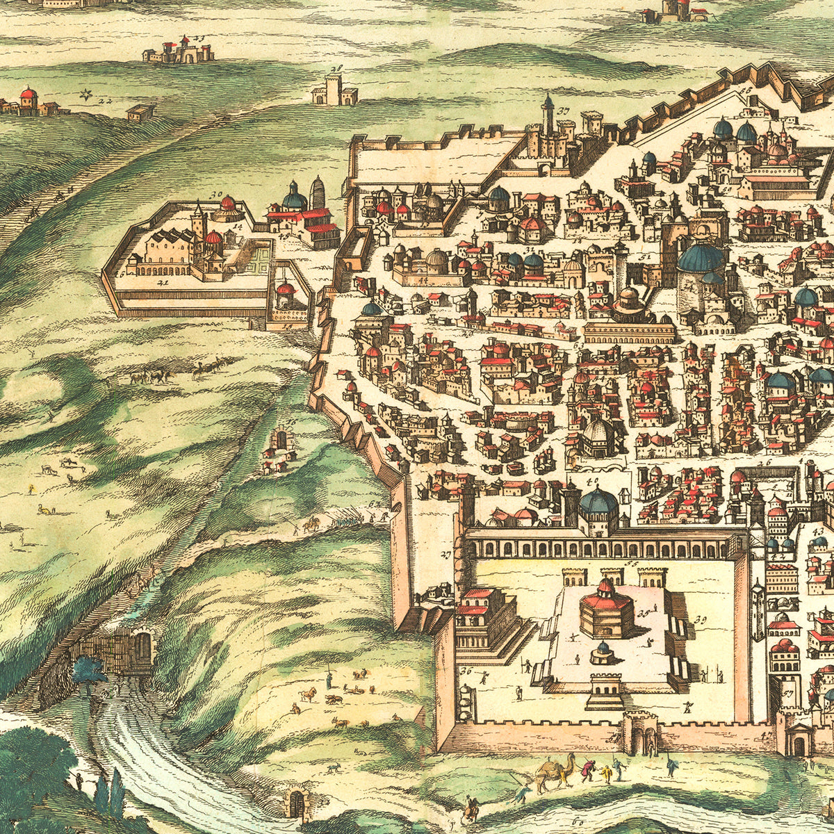 Restored historic details from the 1677 city map of Jerusalem