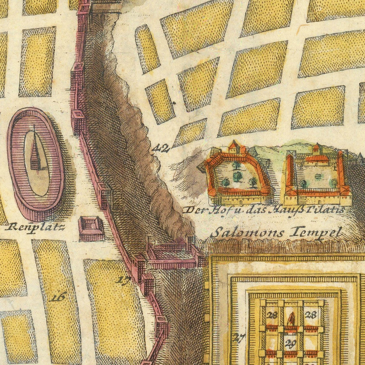 Restored historic details from the 1736 city map of Jerusalem