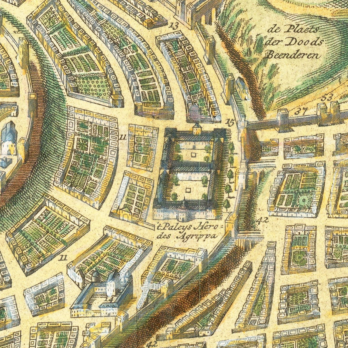 Restored historic details from the 1740 city map of Jerusalem