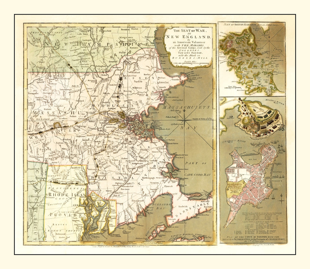 Vintage Map of the Seat of War in New England 1775 print style example