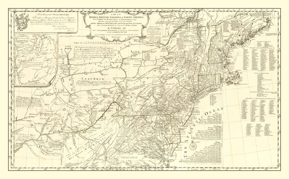 Vintage Map of the Middle British Colonies in North America 1755 print style example
