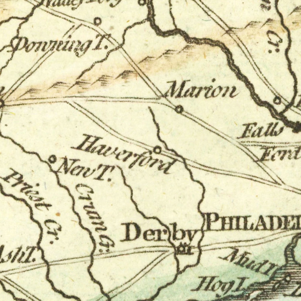 Restored historic details from the 1777 region map of Philadelphia, Pennsylvania