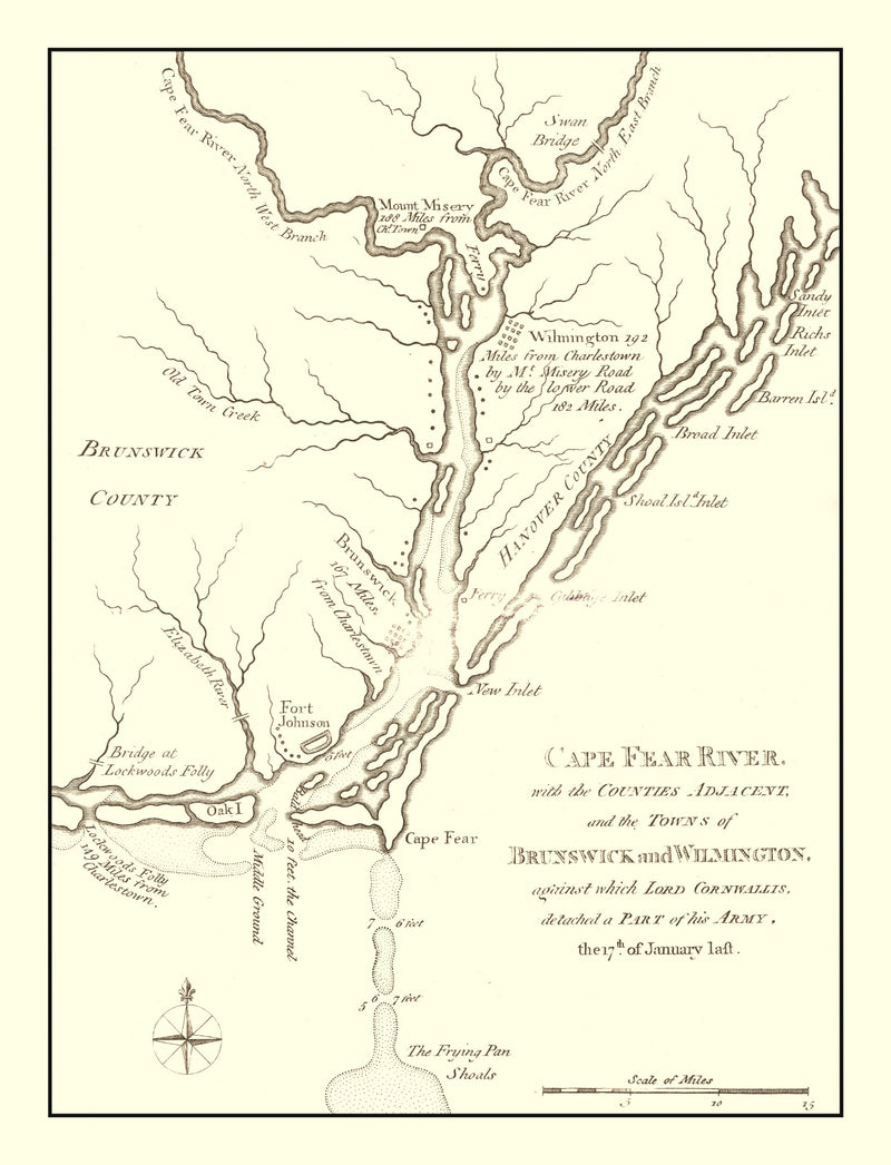 Size comparison using Vintage Cape Fear River Map, North Carolina 1781