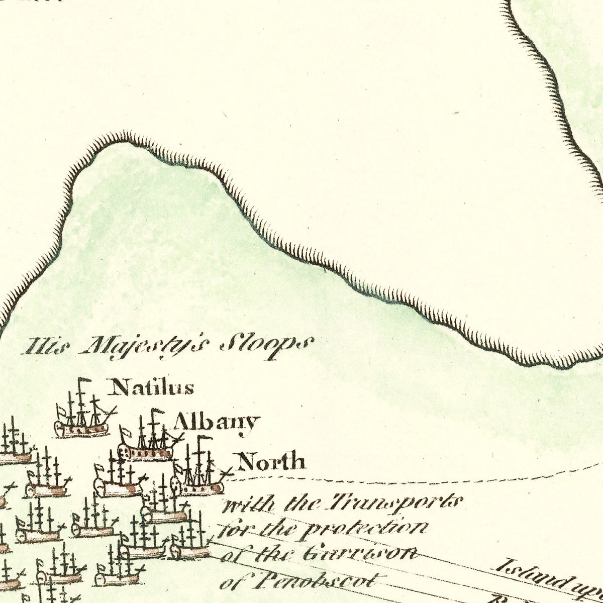 Restored historic details from the 1785 region map of Castine, Maine