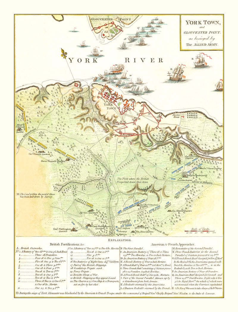 Size comparison using Vintage Yorktown & Gloucester Map 1788