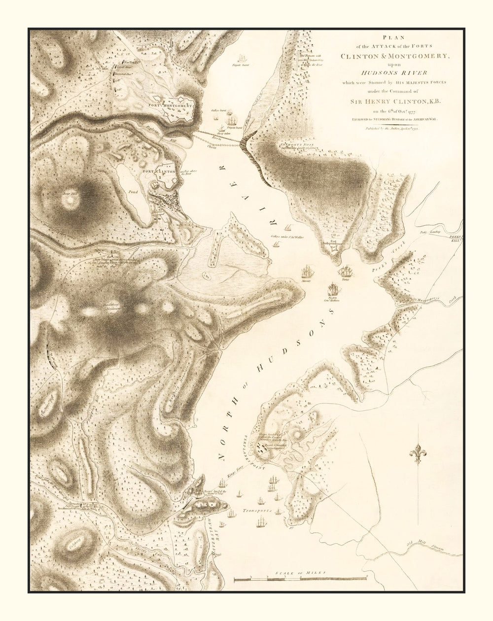 Vintage Attack of Fort Clinton & Fort Montgomery Map 1794 print style example