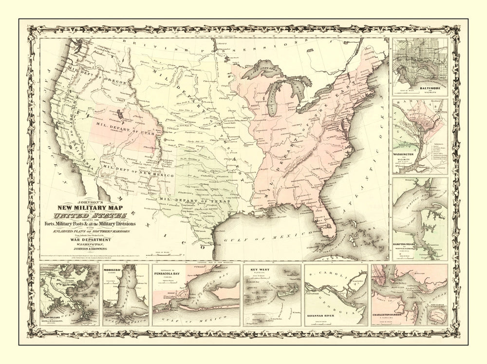 Vintage Military Map of the Southern Harbors 1861 print style example