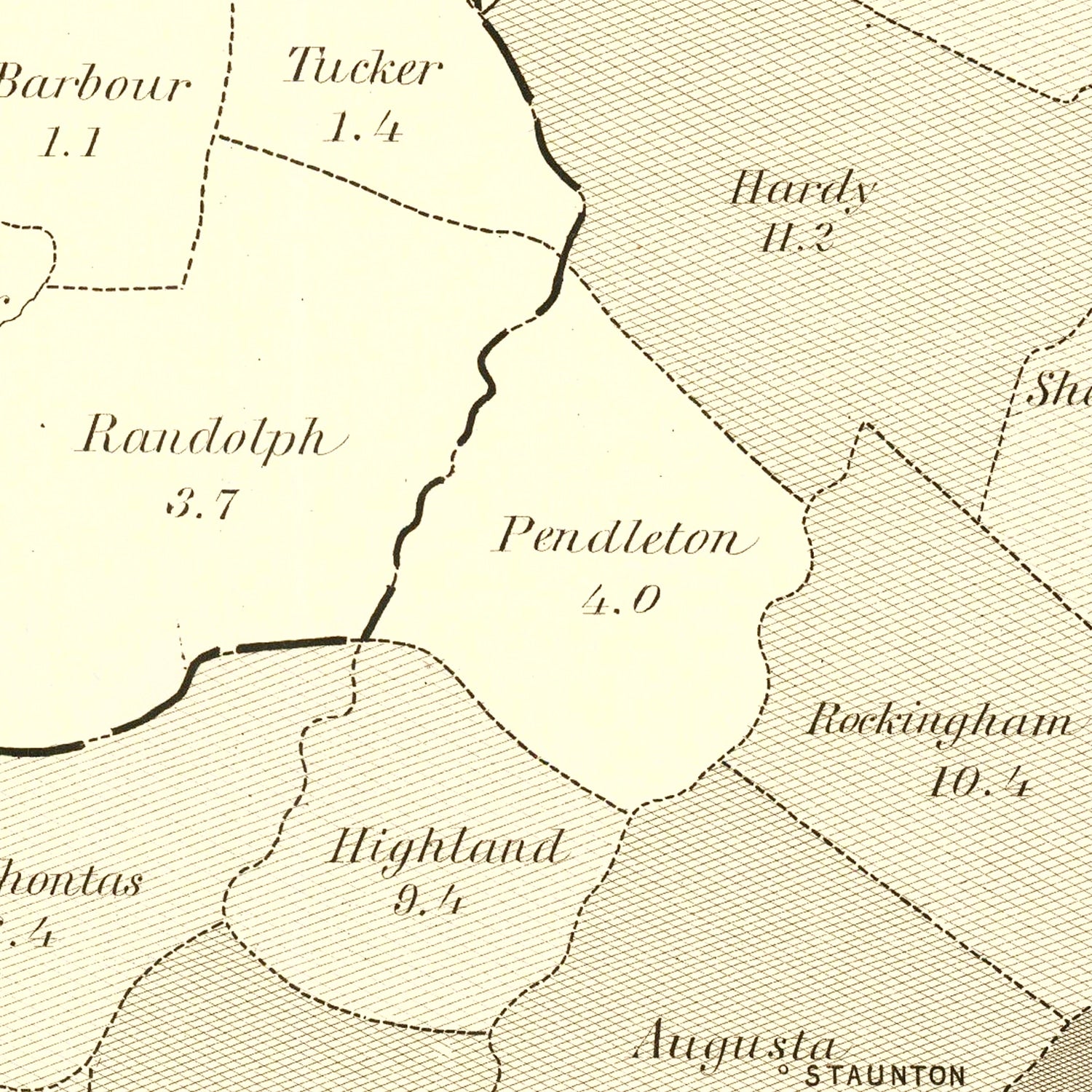 Restored historic details from the 1861 state map of County, Virginia