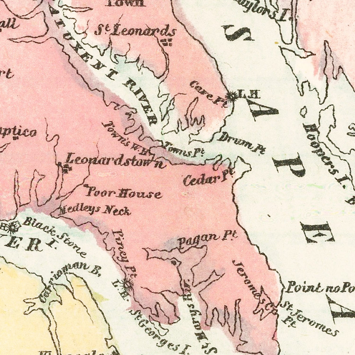 Restored historic details from the 1861 region map of County, Maryland