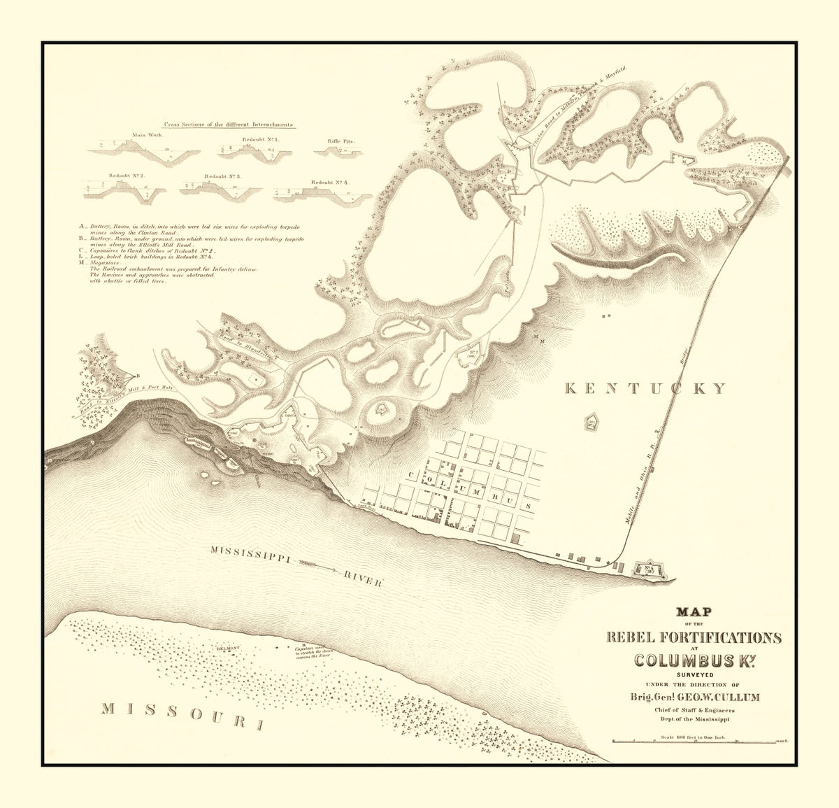 Preview of Vintage Rebel Fortifications at Columbus Kentucky Map 1862