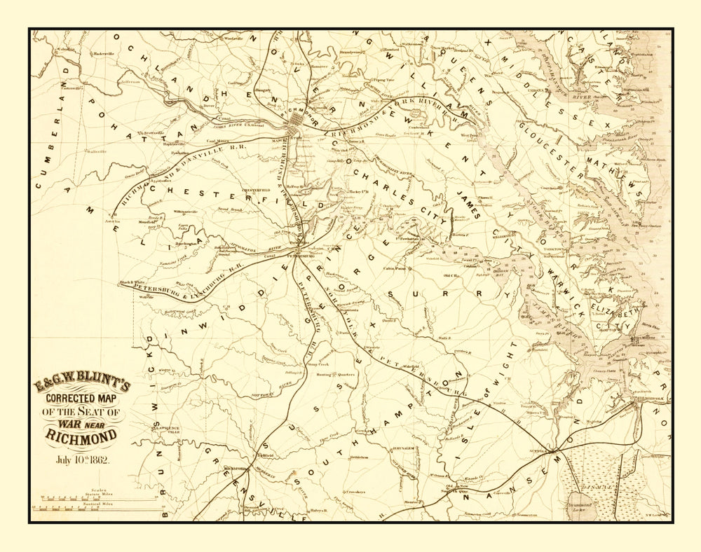 Vintage Seat of War Near Richmond, VA Map 1862 print style example