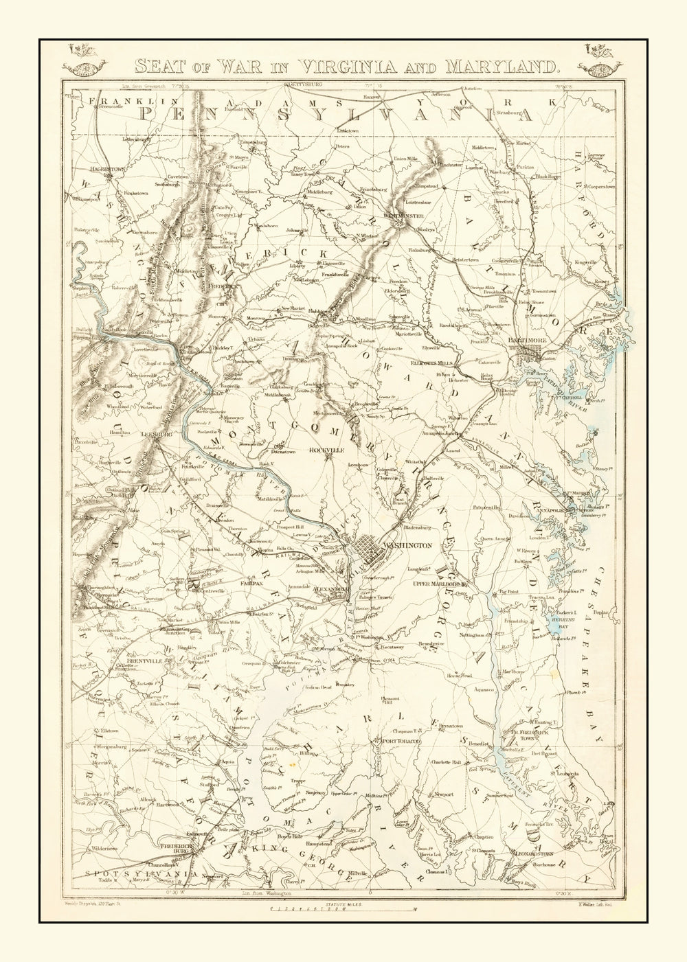 Vintage Seat of War in Virginia & Maryland Map 1863 print style example