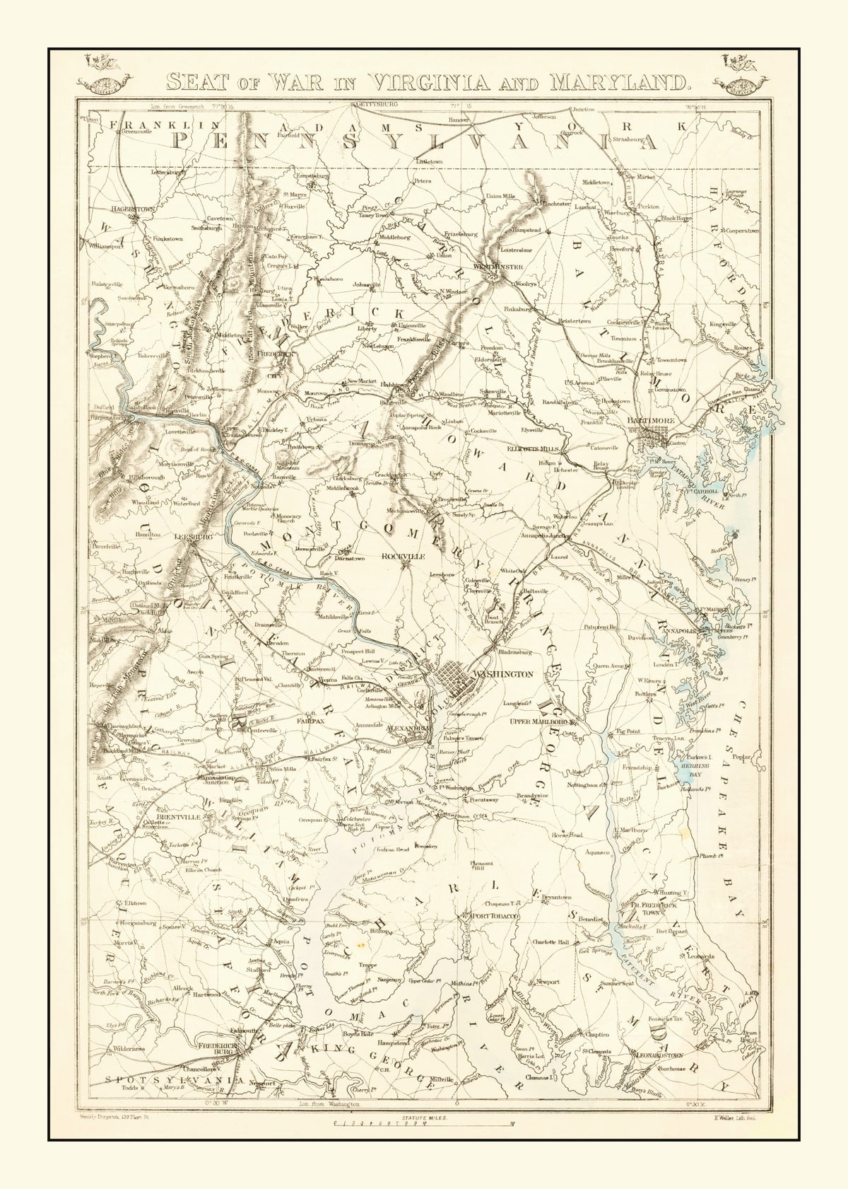 Preview of Vintage Seat of War in Virginia & Maryland Map 1863