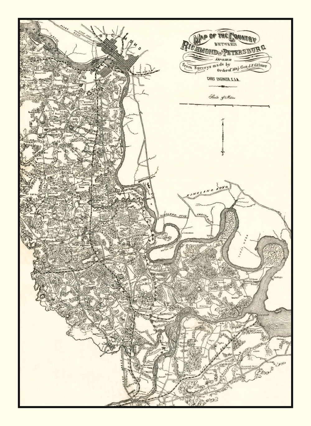 Vintage Map of Richmond & Petersburg, VA 1864 print style example