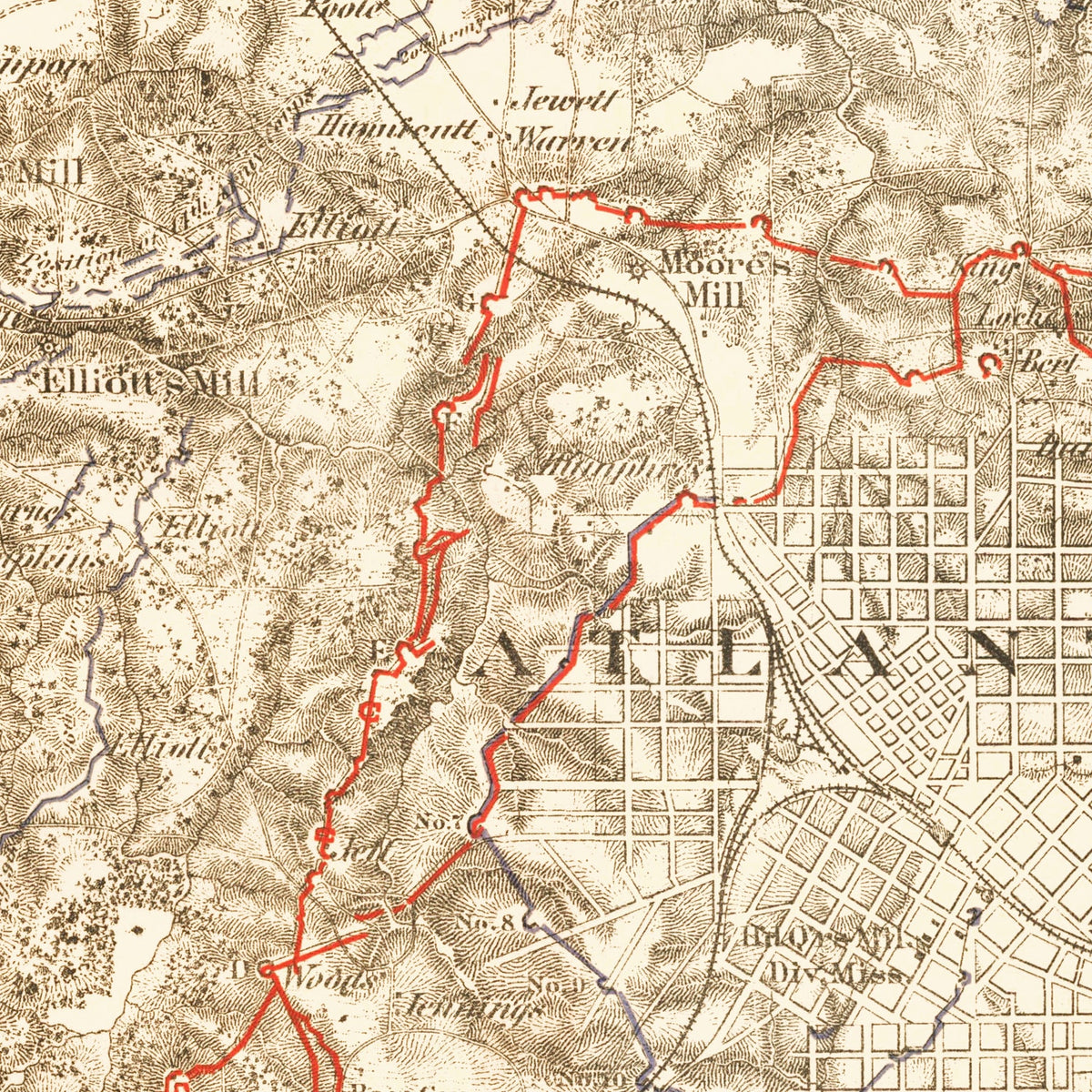 Restored historic details from the 1875 region map of County, Georgia
