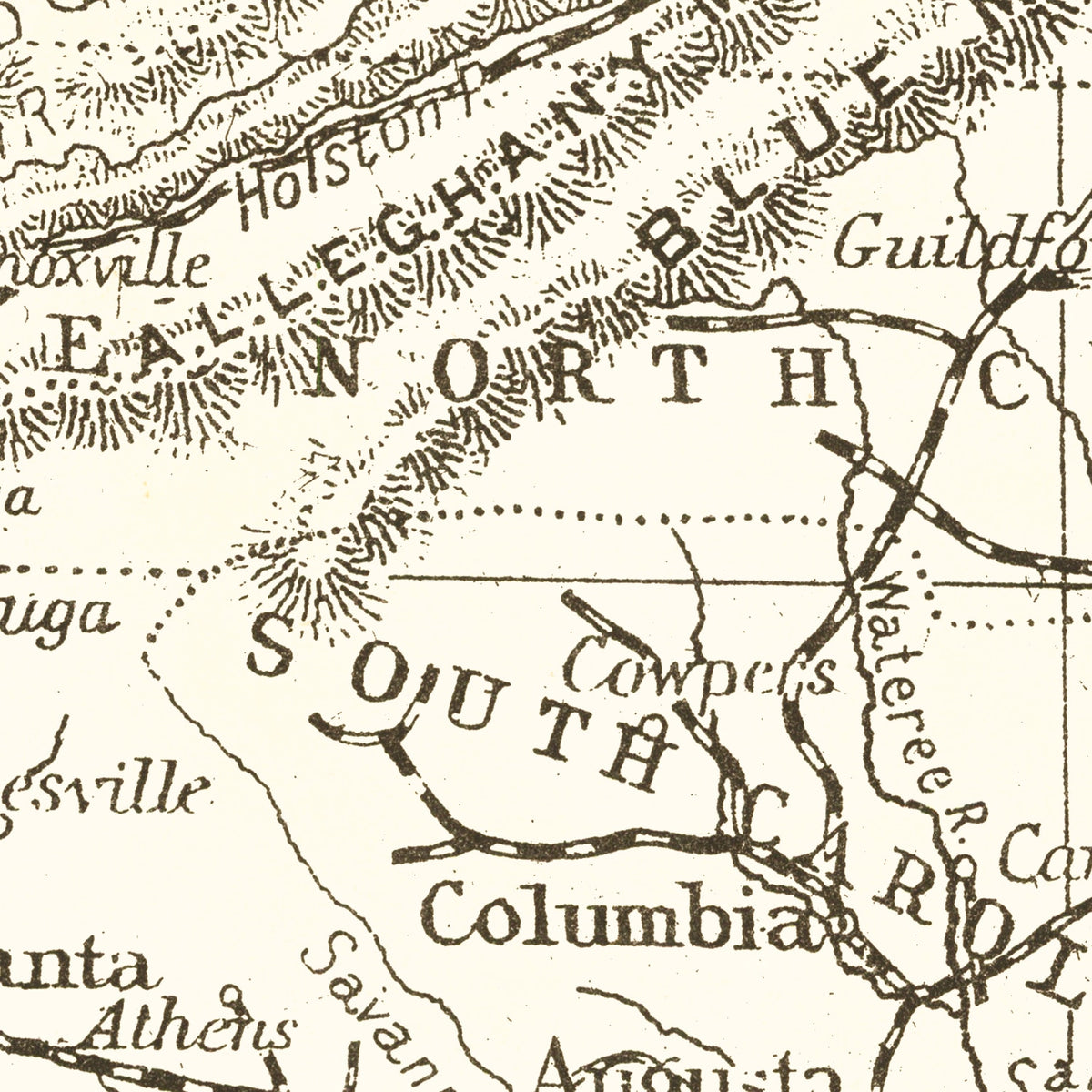 Restored historic details from the 1890 region map of Sumter, Georgia