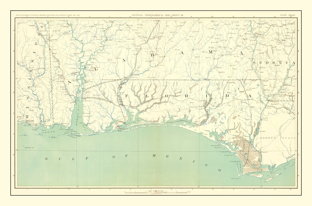 Vintage Civil War Gulf Coast Topographic Map 1893 print style example