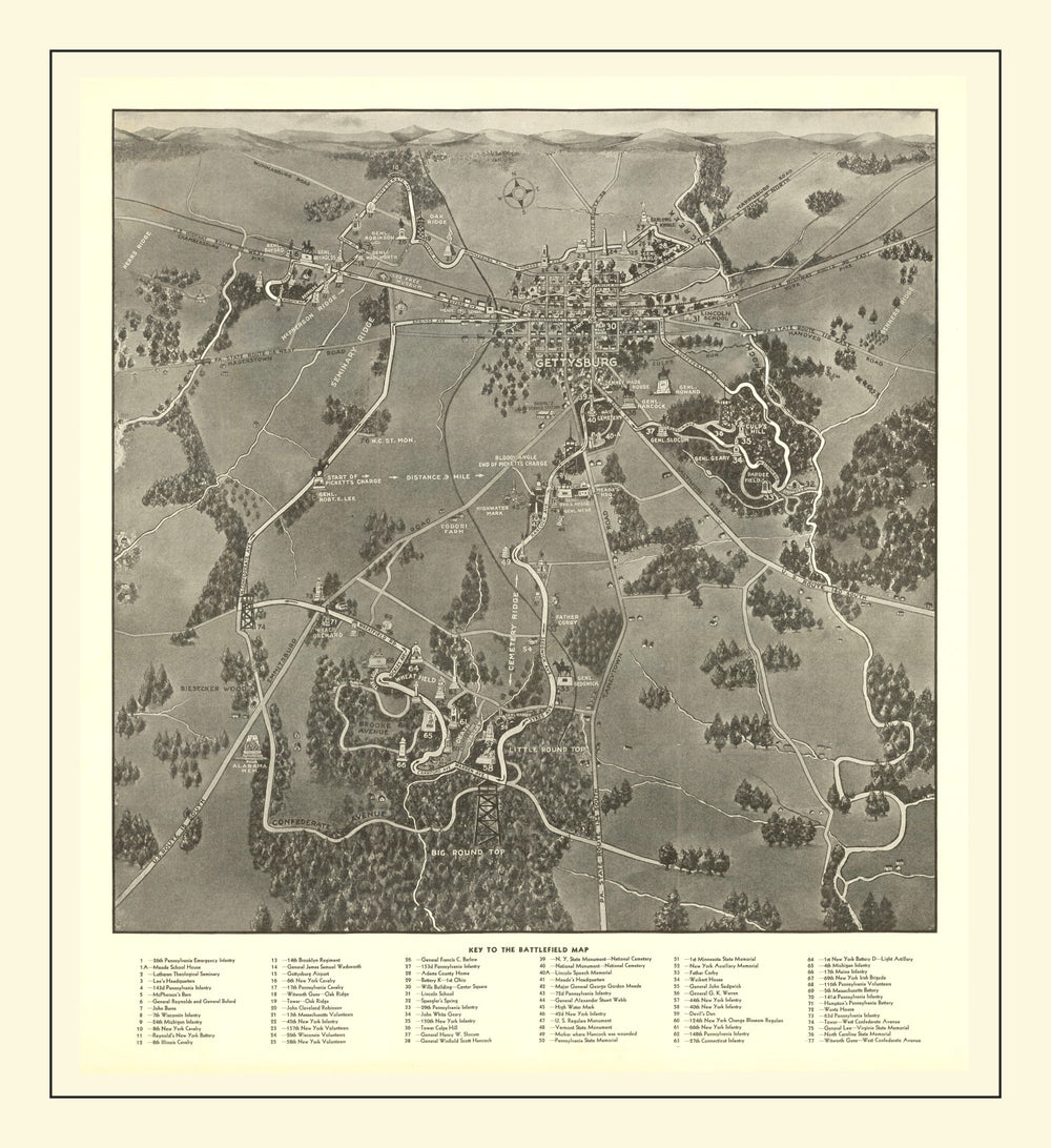 Vintage Gettysburg Battlefield Map 1936 print style example