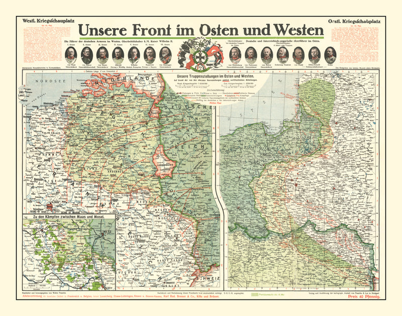 Size comparison using Vintage German Front in World War I Map 1915