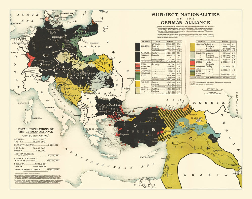 Vintage Map of the Nationalities of the German Alliance 1916 print style example