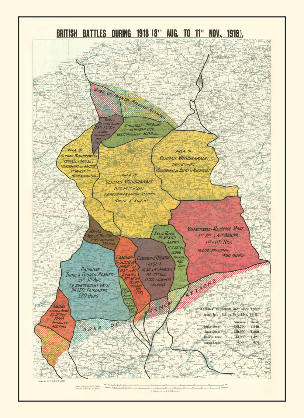 Vintage Map of British Battles During 1918 print style example