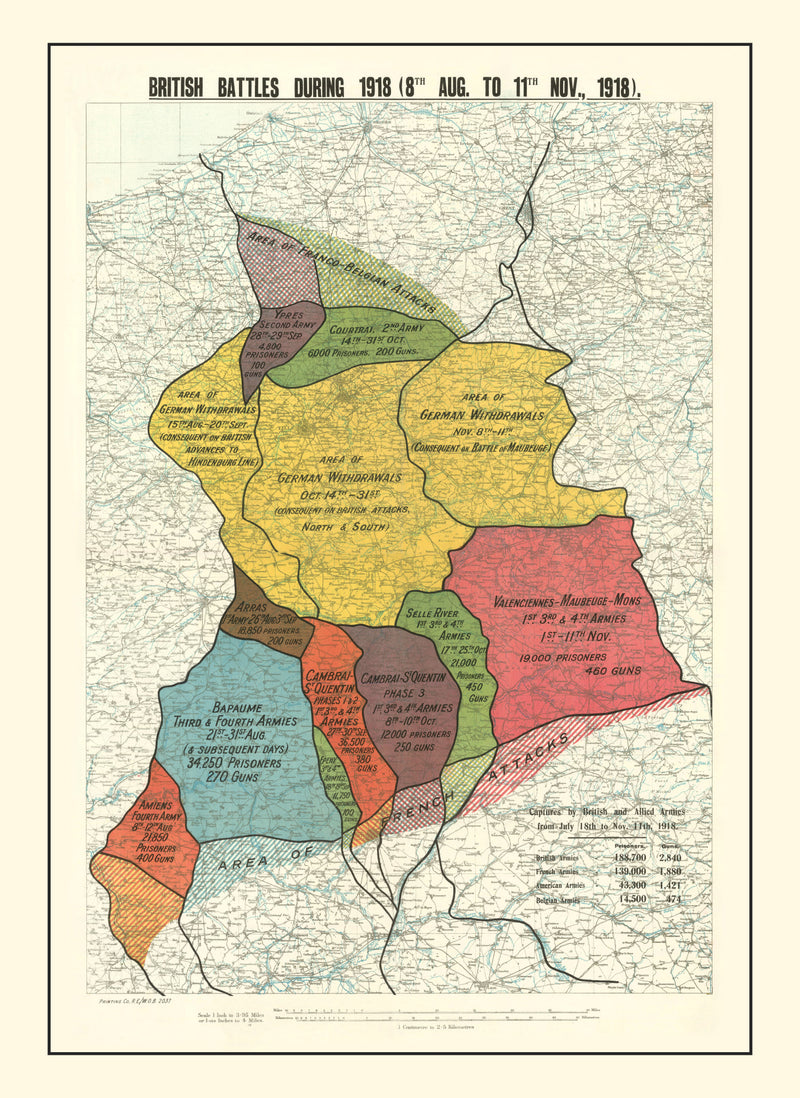 Size comparison using Vintage Map of British Battles During 1918