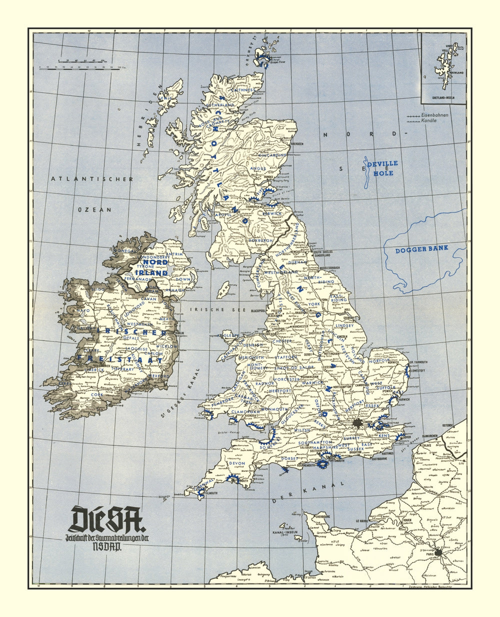 Vintage British Isles World War II Map 1941 print style example