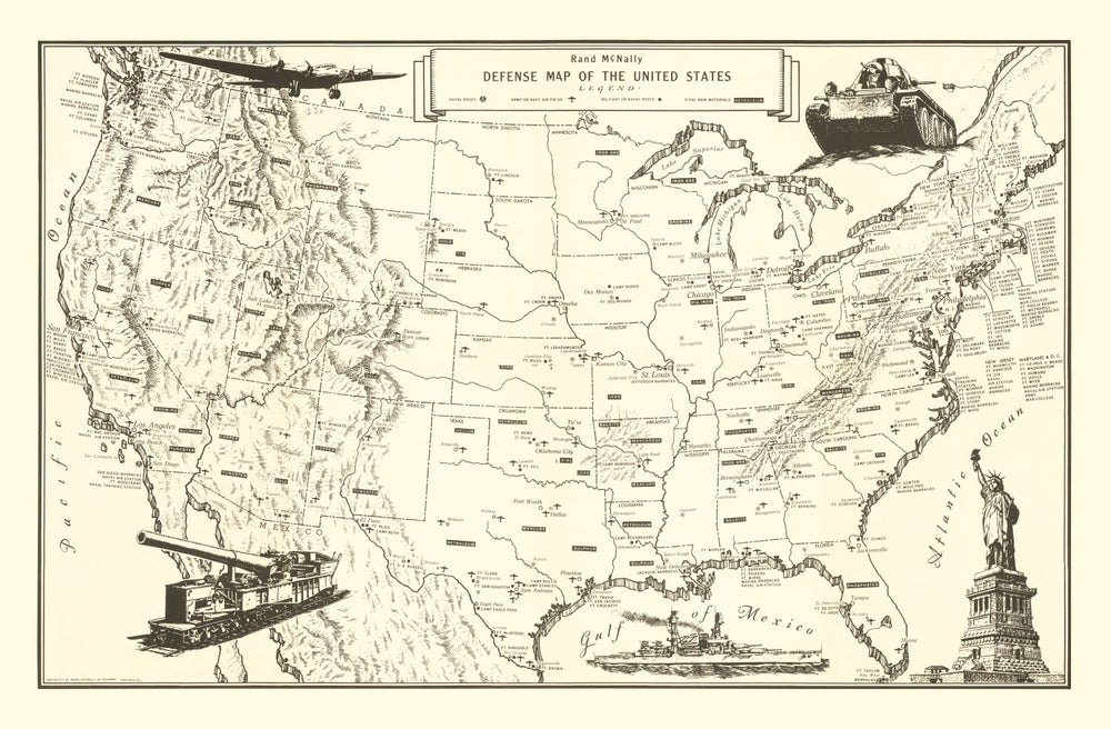 Vintage Defense Map of the United States 1941 print style example
