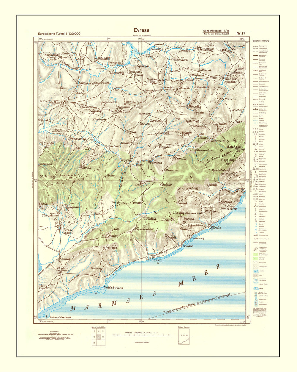 Vintage Turkey World War II Map  1944 print style example