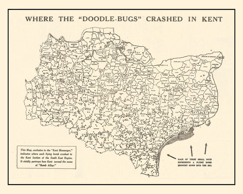 Size comparison using Vintage World War II Map of Doodle Bugs In Kent 1944