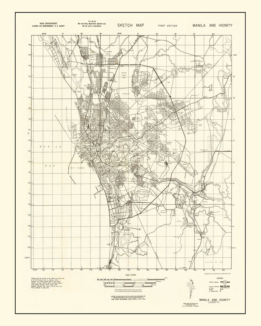 Vintage Manila Philippines World War II Map 1945 print style example