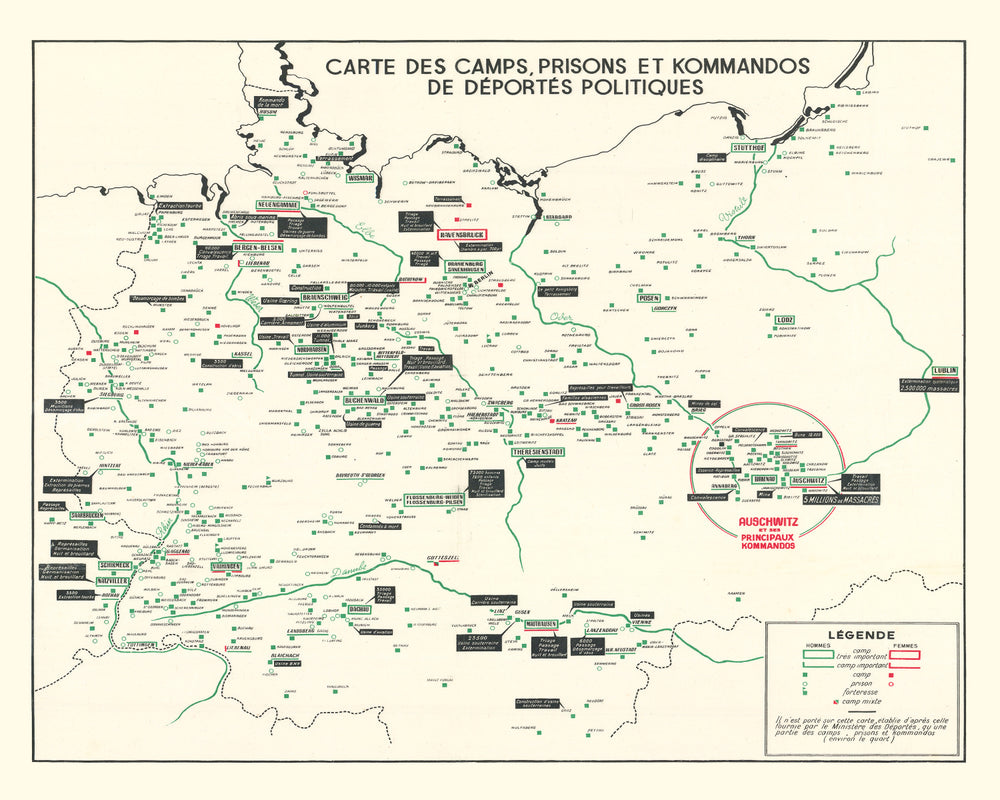 Vintage German Concentration Camps WWII Map 1946 print style example
