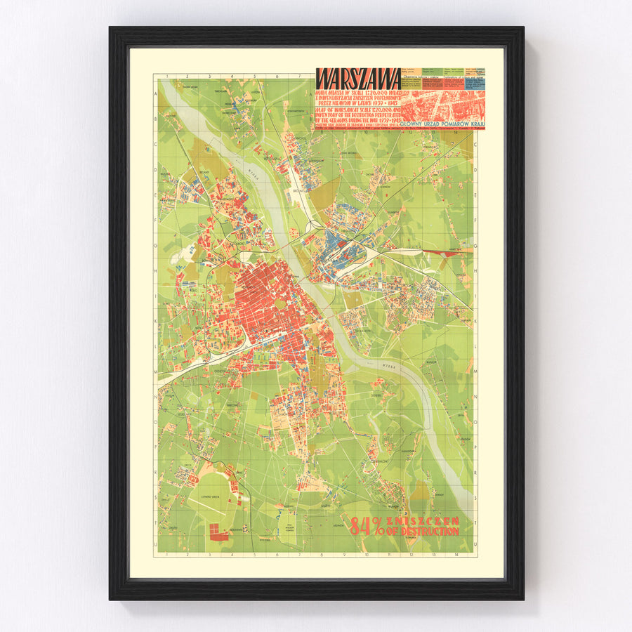 Vintage Map of Warsaw, Poland 1949