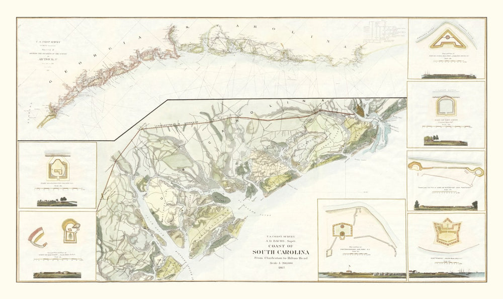 Vintage South Carolina Coast Map 1862 print style example