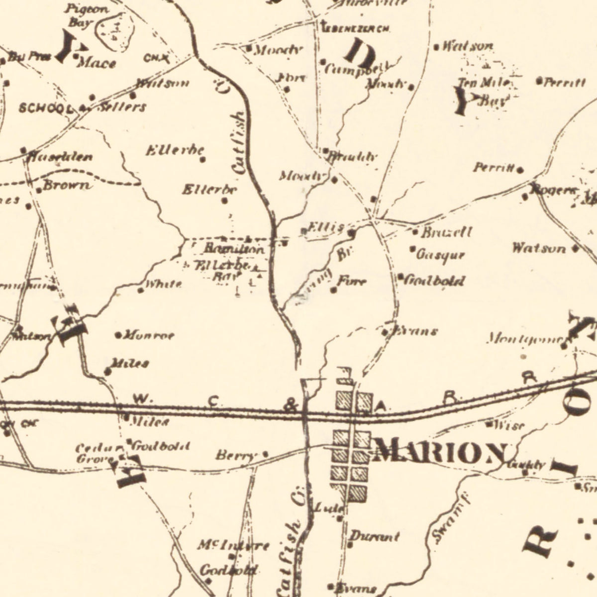 Restored historic details from the 1825 county map of Marion County, South Carolina