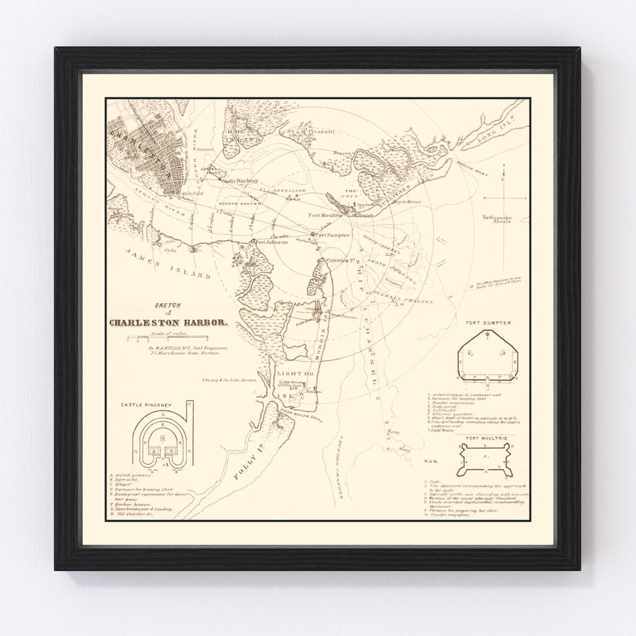 Charleston Harbor Vintage Map 1865