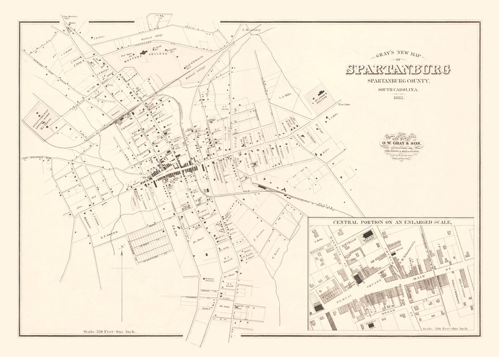 Vintage Map of Spartanburg, South Carolina 1882 print style example