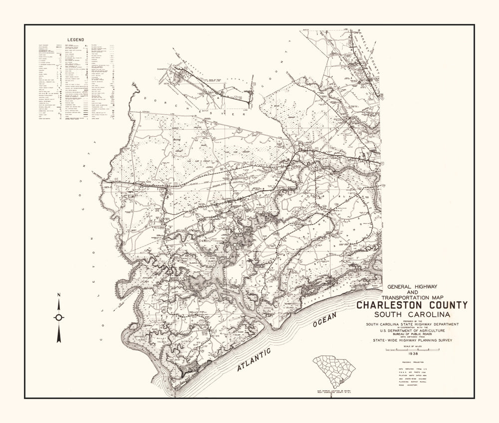 Vintage Map of Charleston County, South Carolina 1938 print style example